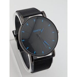 Geneva Watch Men 38mm Black Case Mesh Metal Band- New Battery